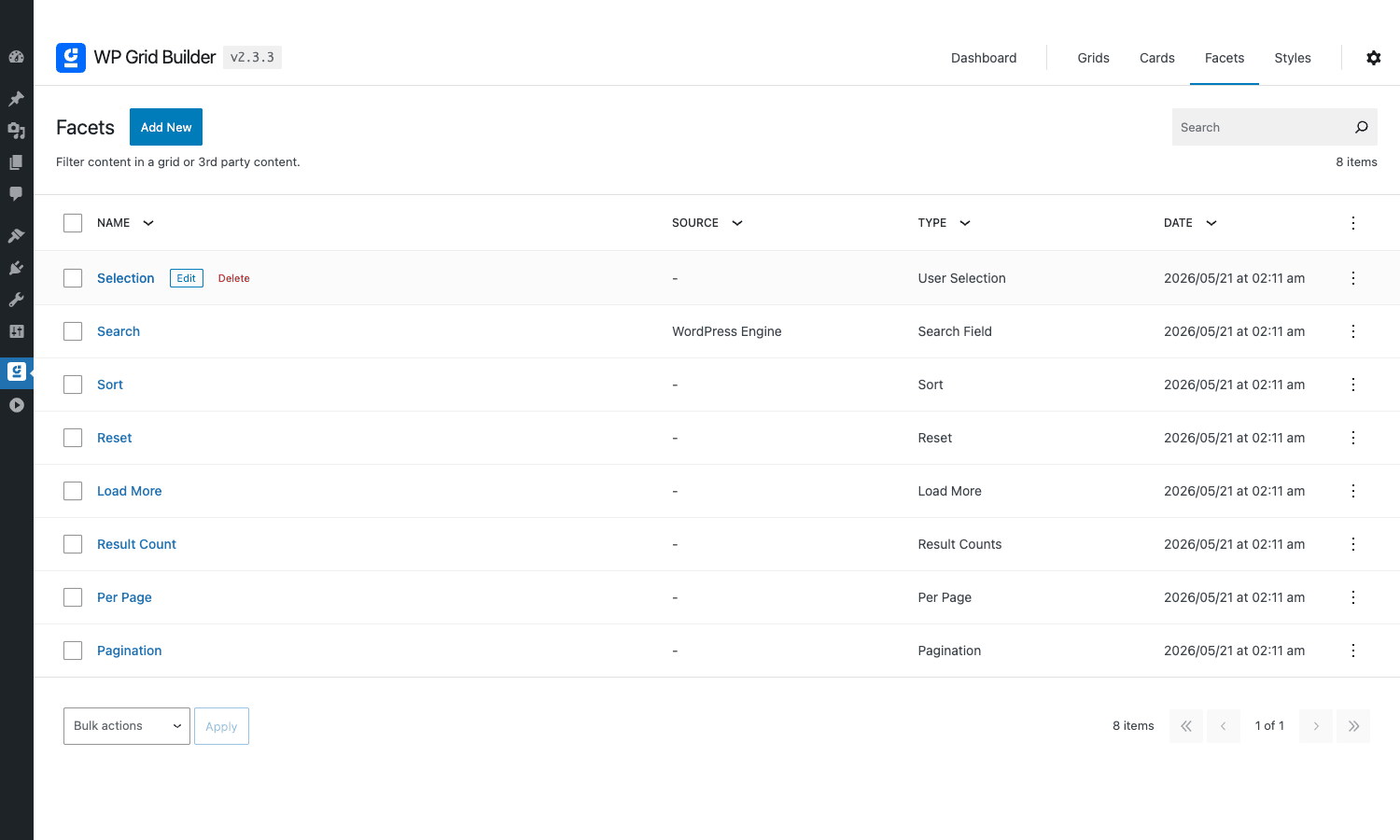 All Facets list WP Grid Builder All Facets list with eight facets including Search, Sort, Reset, Load More, Result Count, Per Page and Pagination