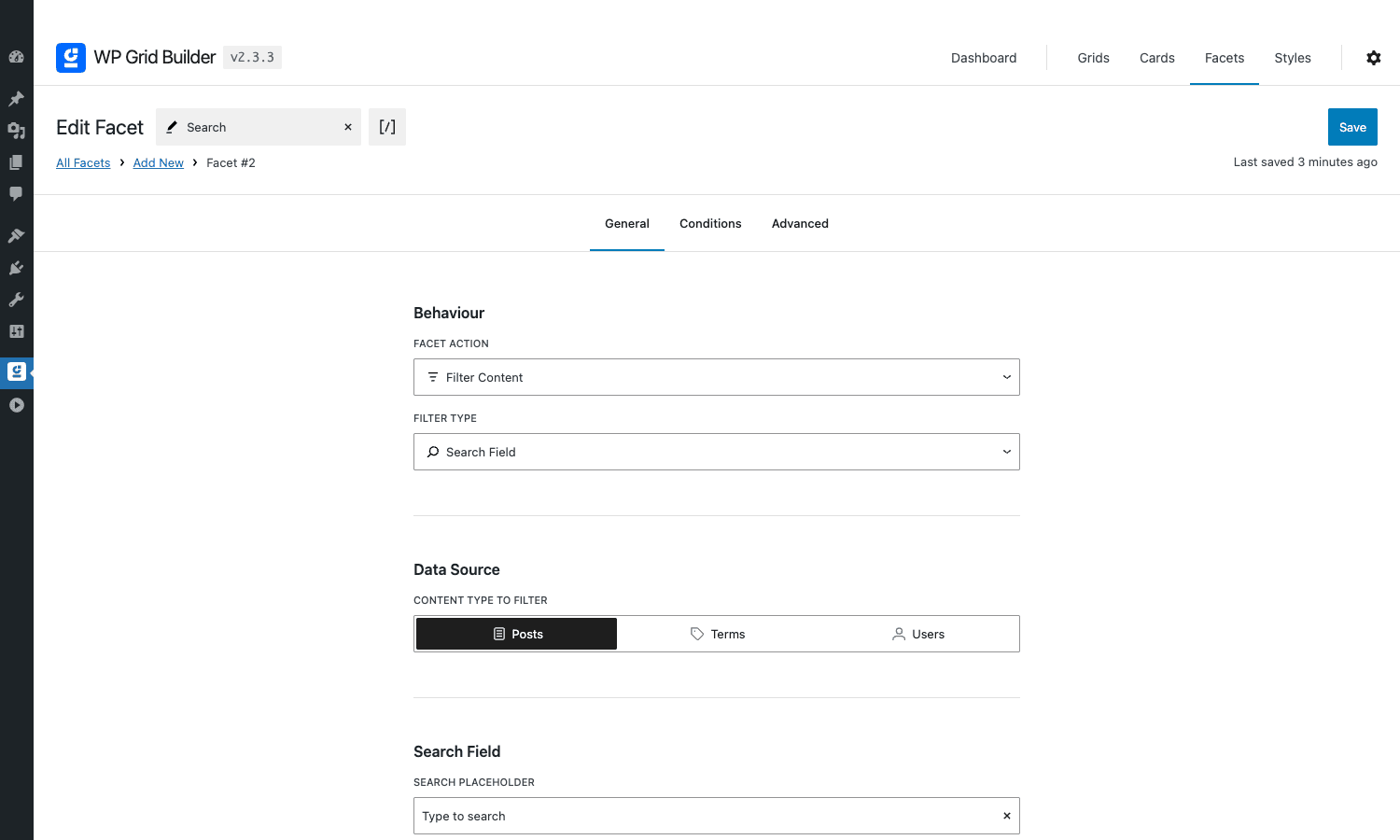 Facet editor showing General settings WP Grid Builder facet editor showing General tab with facet action, filter type, data source and search placeholder configuration