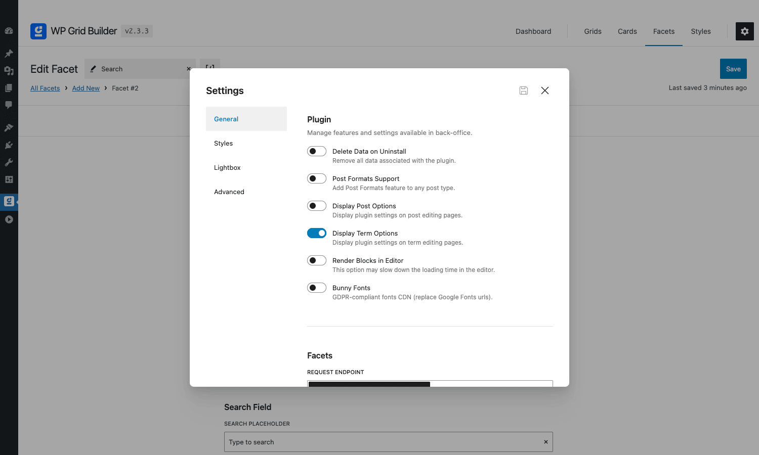 Settings modal General tab WP Grid Builder Settings modal with General tab showing plugin options like Delete Data on Uninstall, Post Formats Support, Display Post Options, Render Blocks in Editor and Bunny Fonts