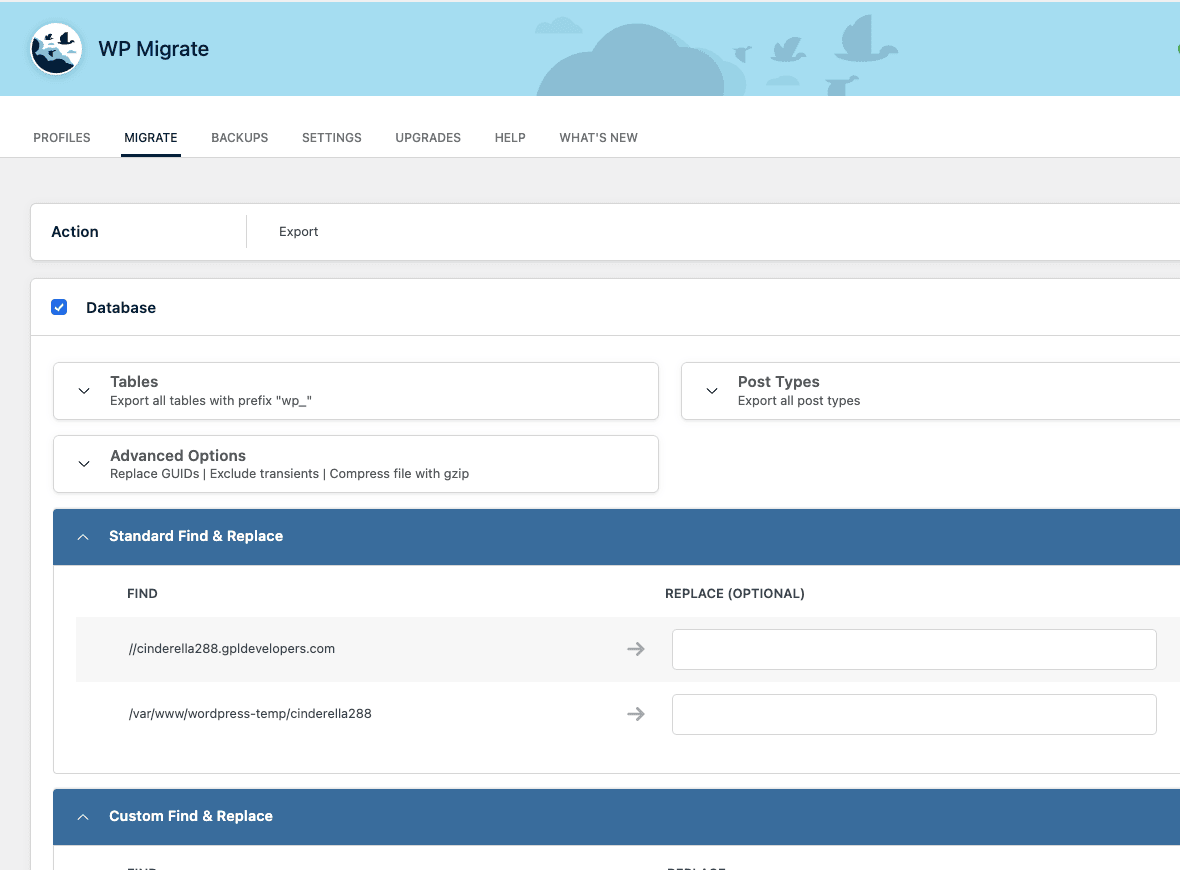 WP Migrate Pro export setup with find/replace pairs WP Migrate Pro Export setup showing the database section, advanced options, and Standard Find and Replace pairs pre-filled with site URL and path