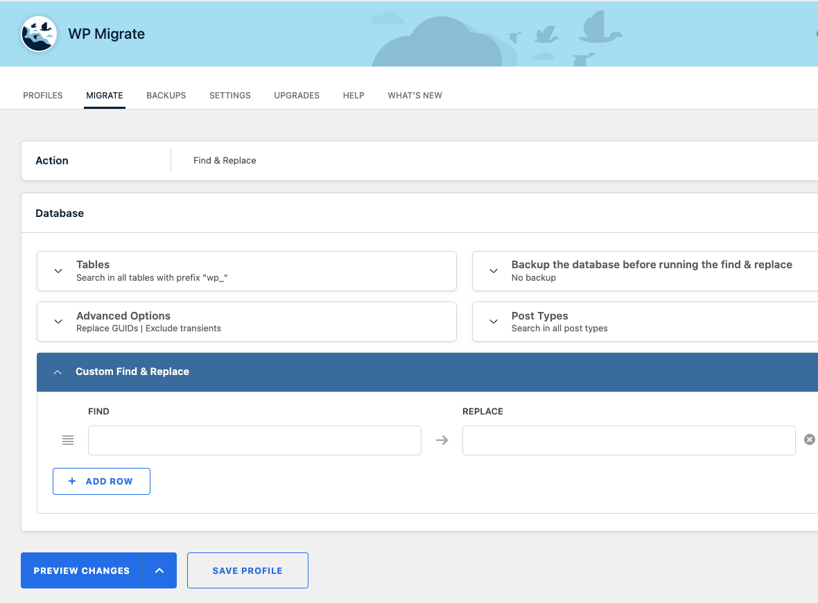WP Migrate Pro Find and Replace action WP Migrate Pro Find and Replace action selected showing Database tables, advanced options, Custom Find and Replace row, and a Preview Changes button