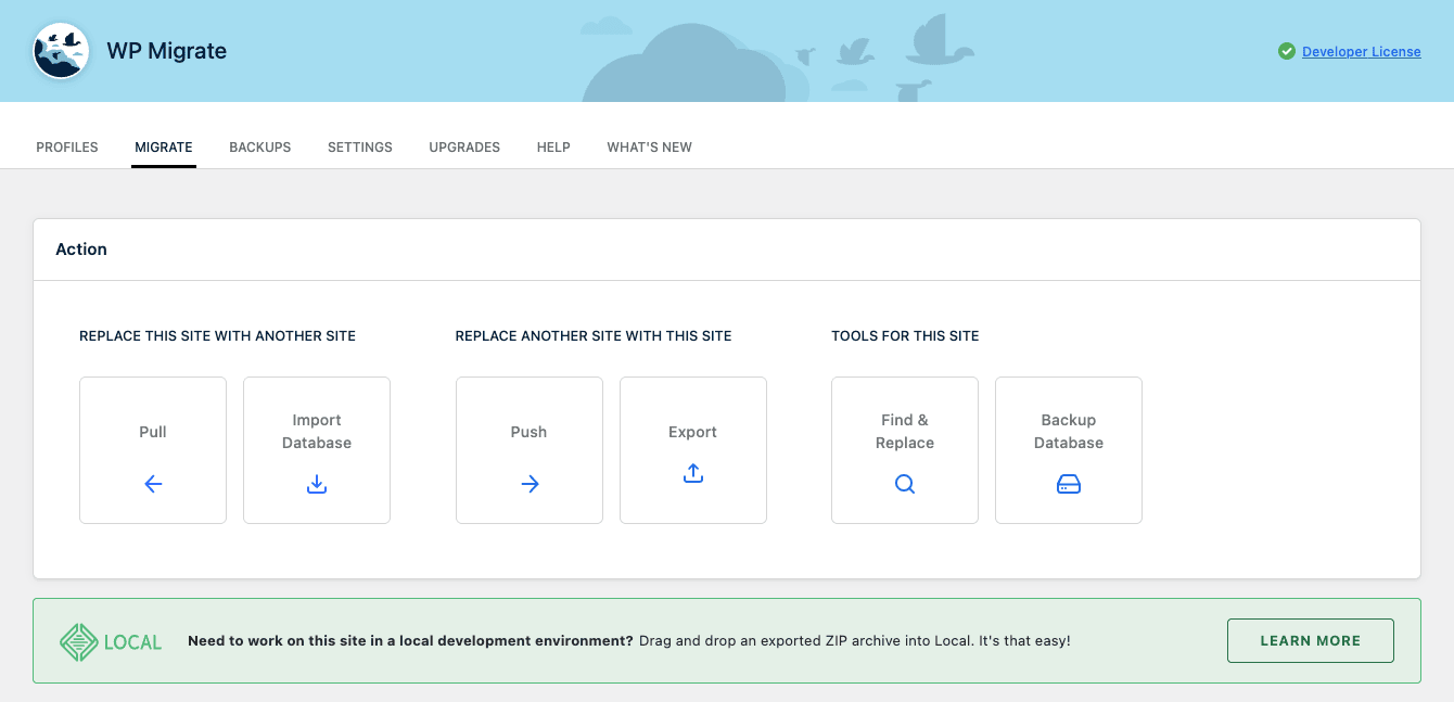 WP Migrate Pro: Migrate tab action chooser WP Migrate Pro Migrate tab showing six action choices: Pull, Import Database, Push, Export, Find and Replace, Backup Database