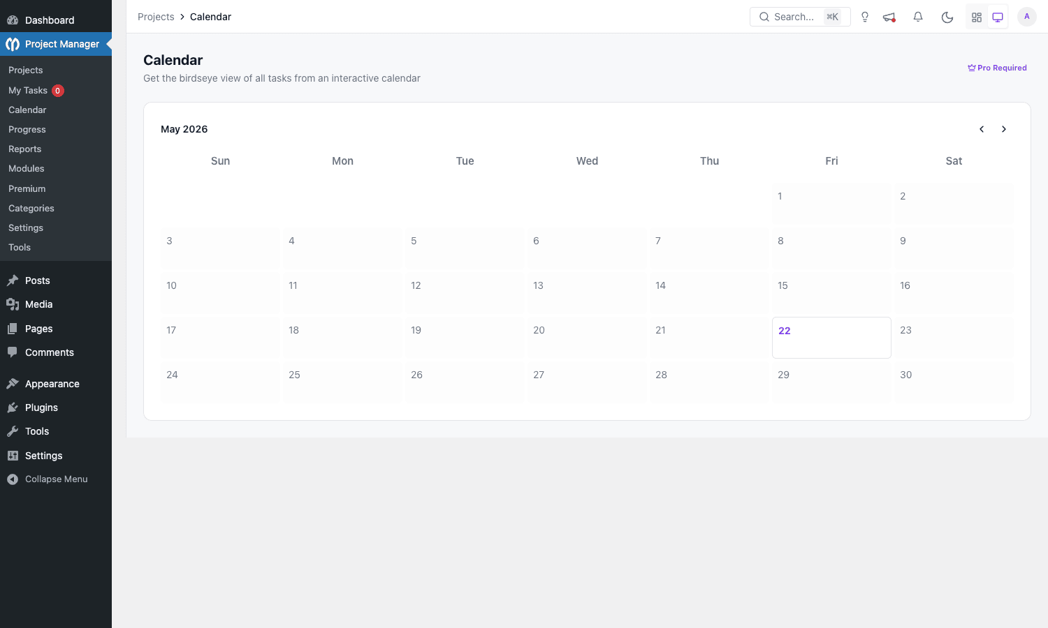 Calendar view across projects Calendar view showing the May 2026 month grid