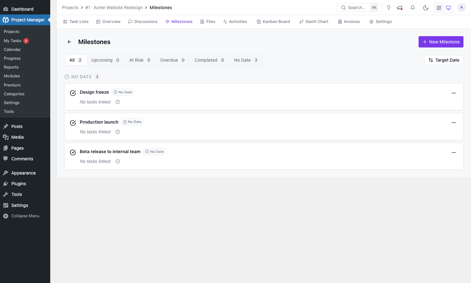 Project milestones with target dates Milestones view showing Design freeze, Production launch, and Beta release milestones with tab filters