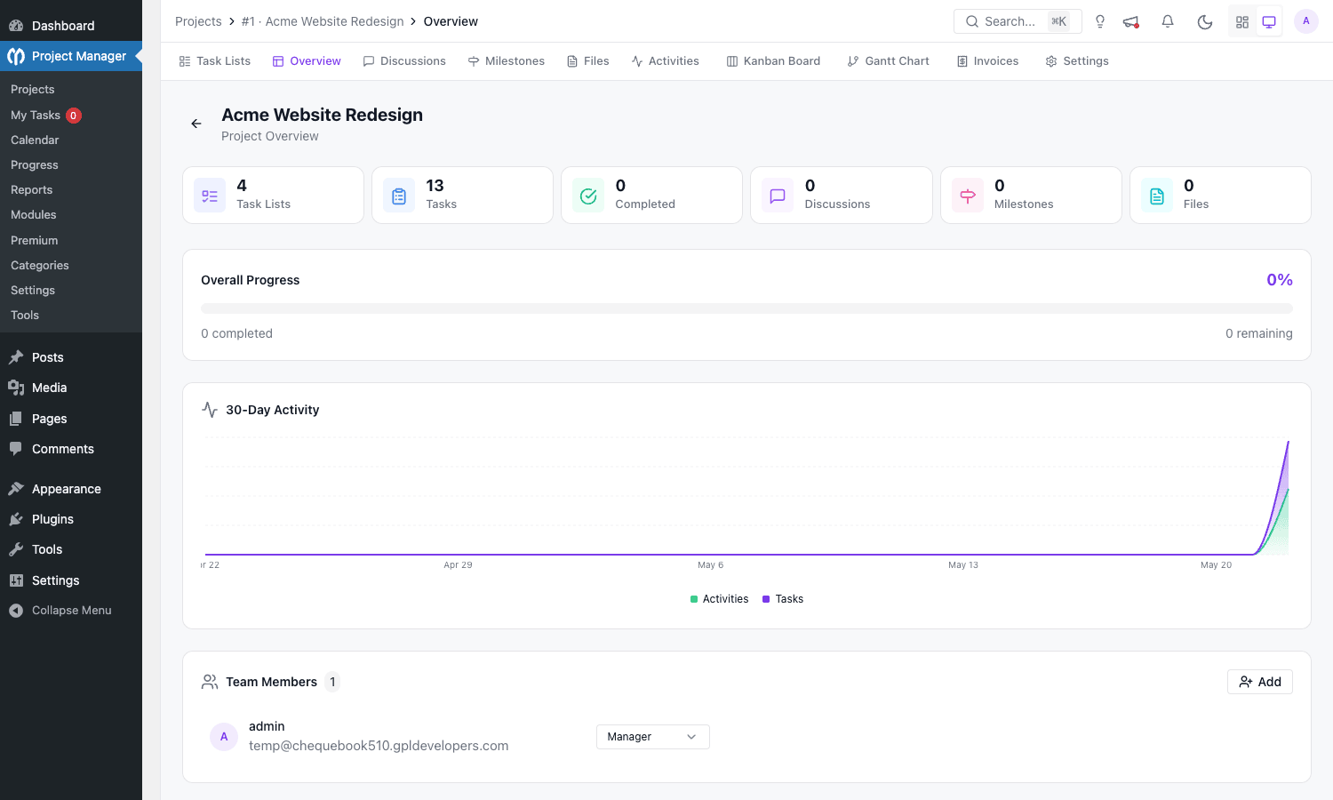 Project Overview with stats, progress, and activity chart Project overview dashboard showing stat cards, overall progress bar, 30-day activity chart, and team members