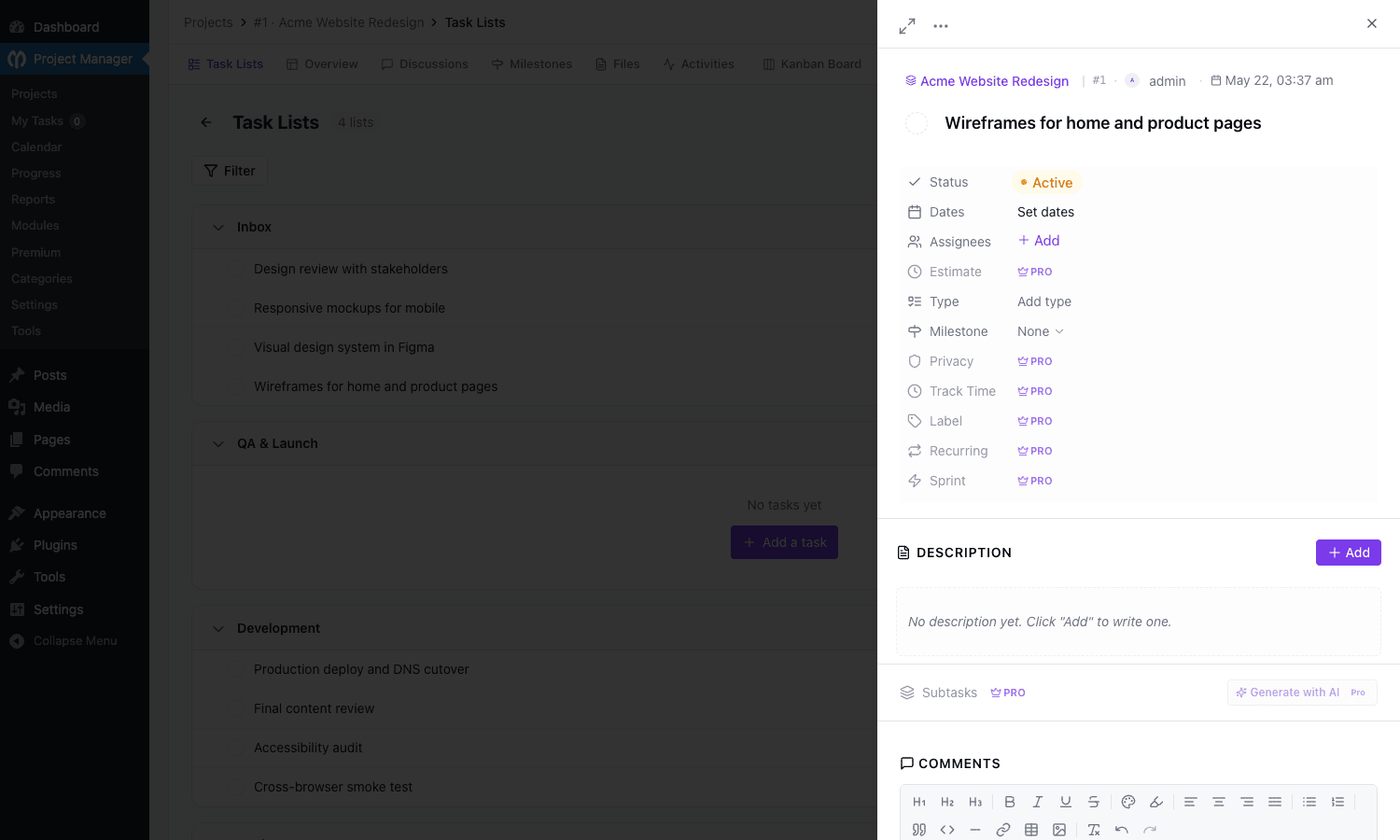 Task detail panel with full metadata fields Task detail side panel showing Status, Dates, Assignees, Estimate, Type, Milestone, Privacy, Track Time, Label, Recurring, Sprint, Description, and Subtasks fields