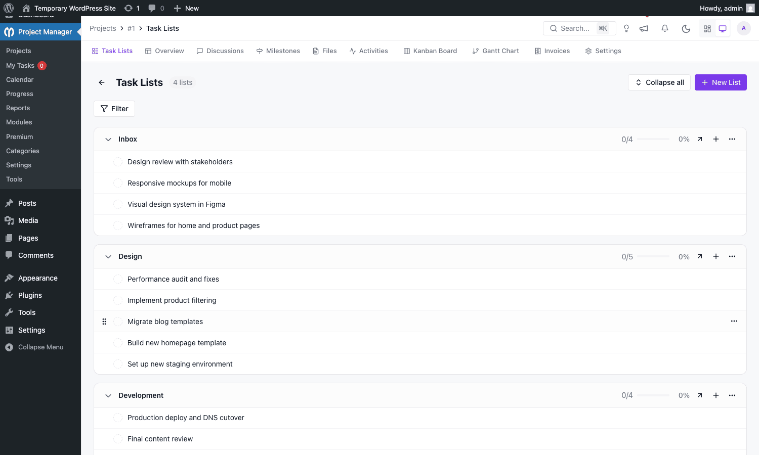 Task Lists view with Inbox, Design, Development, and QA & Launch lists Project tabs and task lists for the Acme Website Redesign project showing Inbox, Design, Development, and QA & Launch lists with task rows