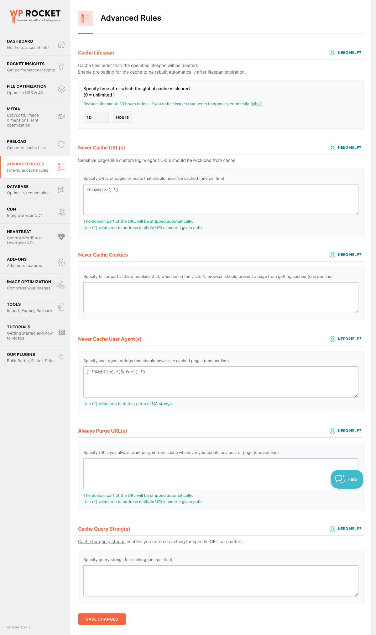 Advanced Rules tab WP Rocket Advanced Rules tab for excluding URLs and cookies