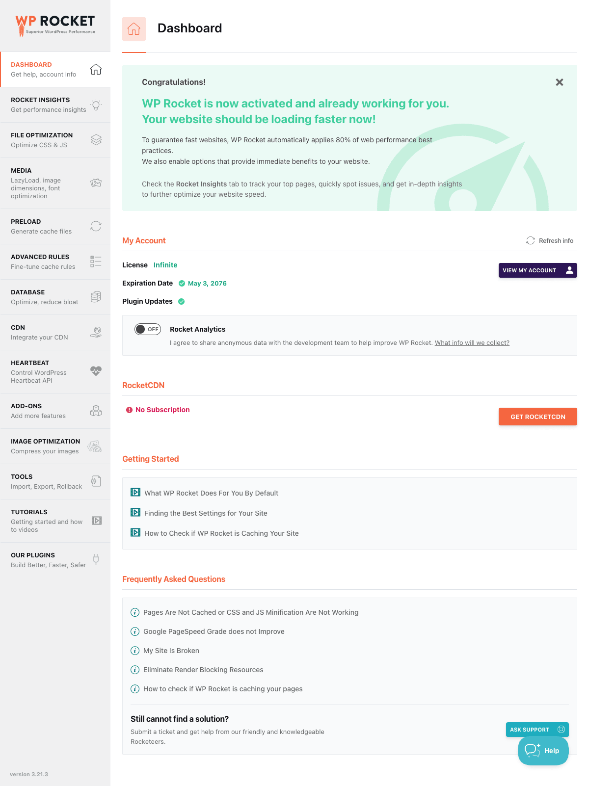 WP Rocket Dashboard tab WP Rocket dashboard tab in the WordPress admin
