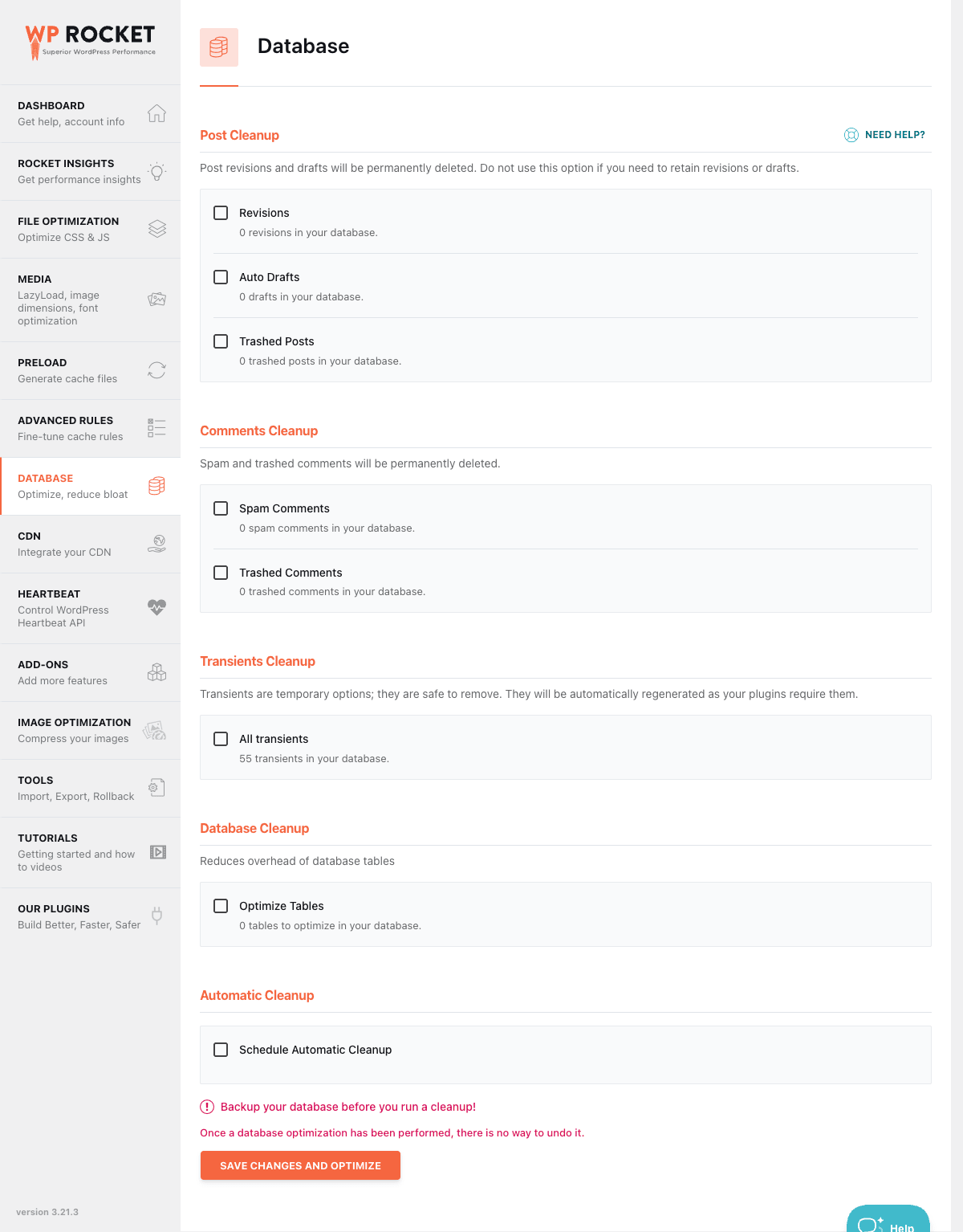 WP Rocket Database cleanup tab with scheduled options