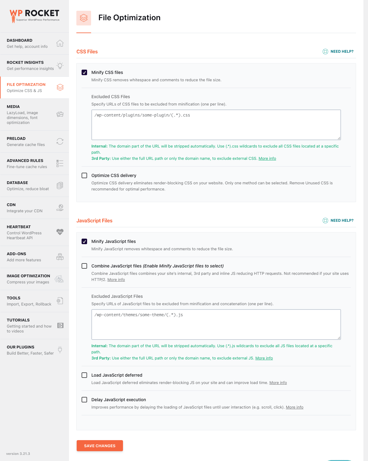 WP Rocket File Optimization tab showing minify and CSS settings