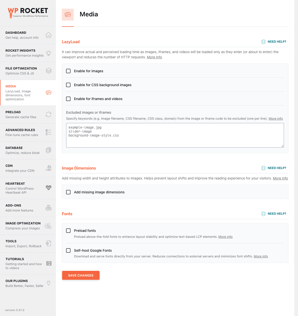 Media tab WP Rocket Media tab with image lazy load and WebP options