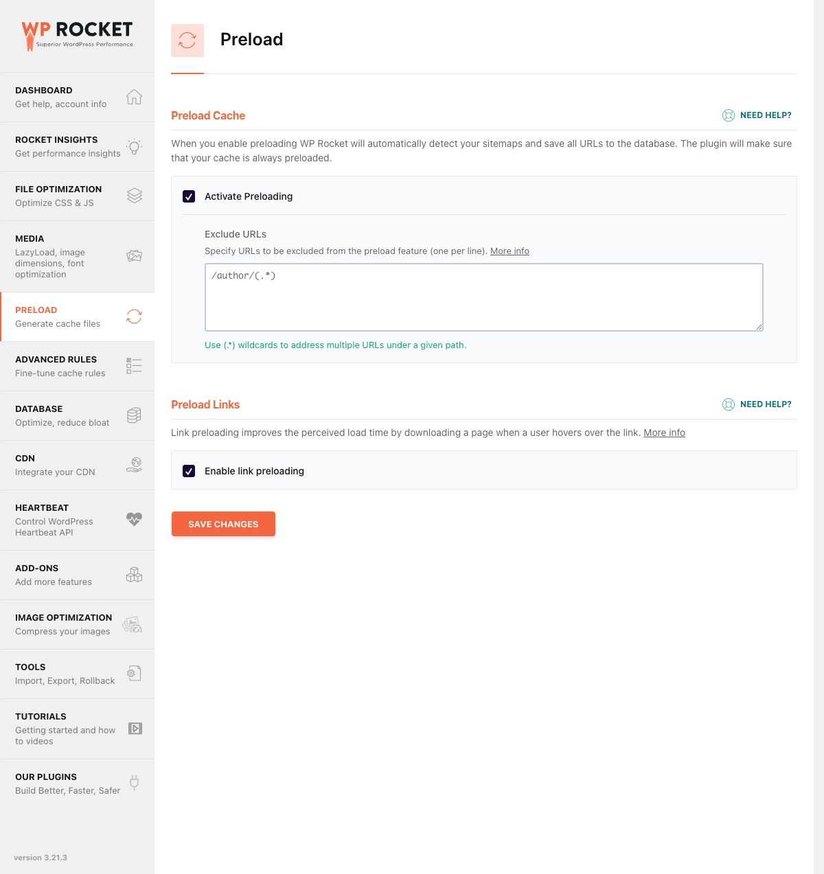 Preload tab WP Rocket Preload tab for sitemap-based cache preloading