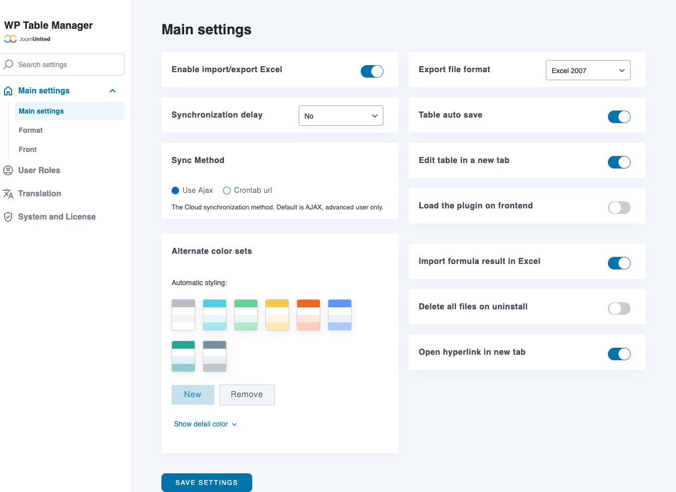 WP Table Manager main configuration settings WP Table Manager configuration page with main settings panel