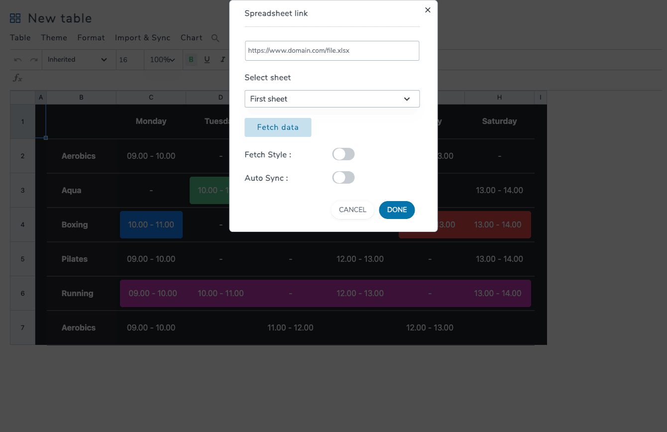 WP Table Manager Google Sheets sync WP Table Manager Google Sheets sync configuration modal