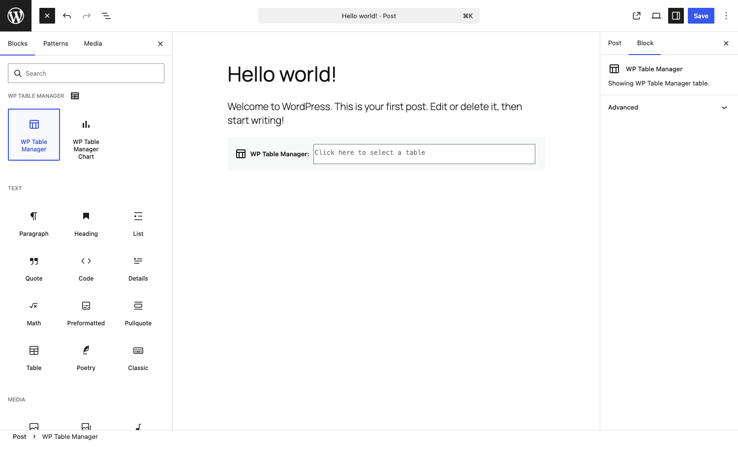 WP Table Manager Gutenberg block WP Table Manager Gutenberg block in the post editor