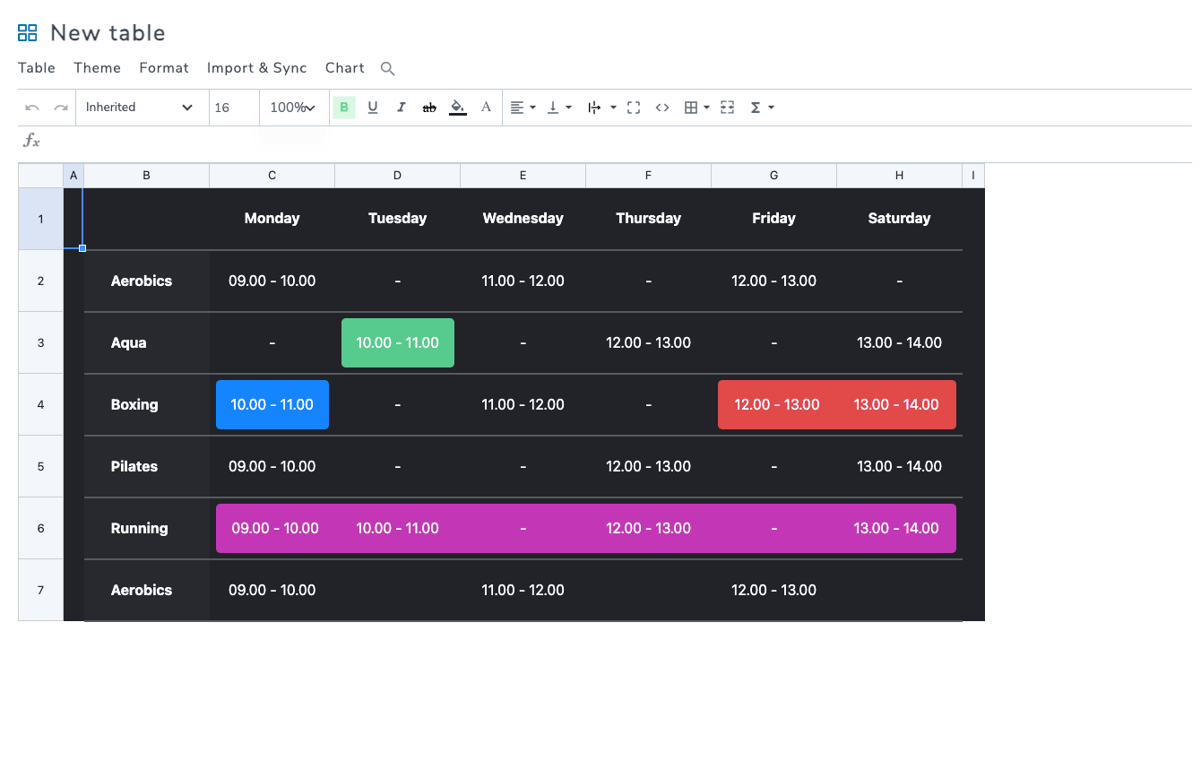 WP Table Manager spreadsheet editor WP Table Manager spreadsheet editor with a styled gym schedule table