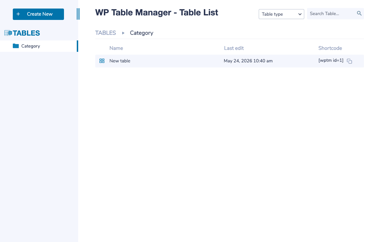 WP Table Manager admin tables list WP Table Manager tables list with folder sidebar