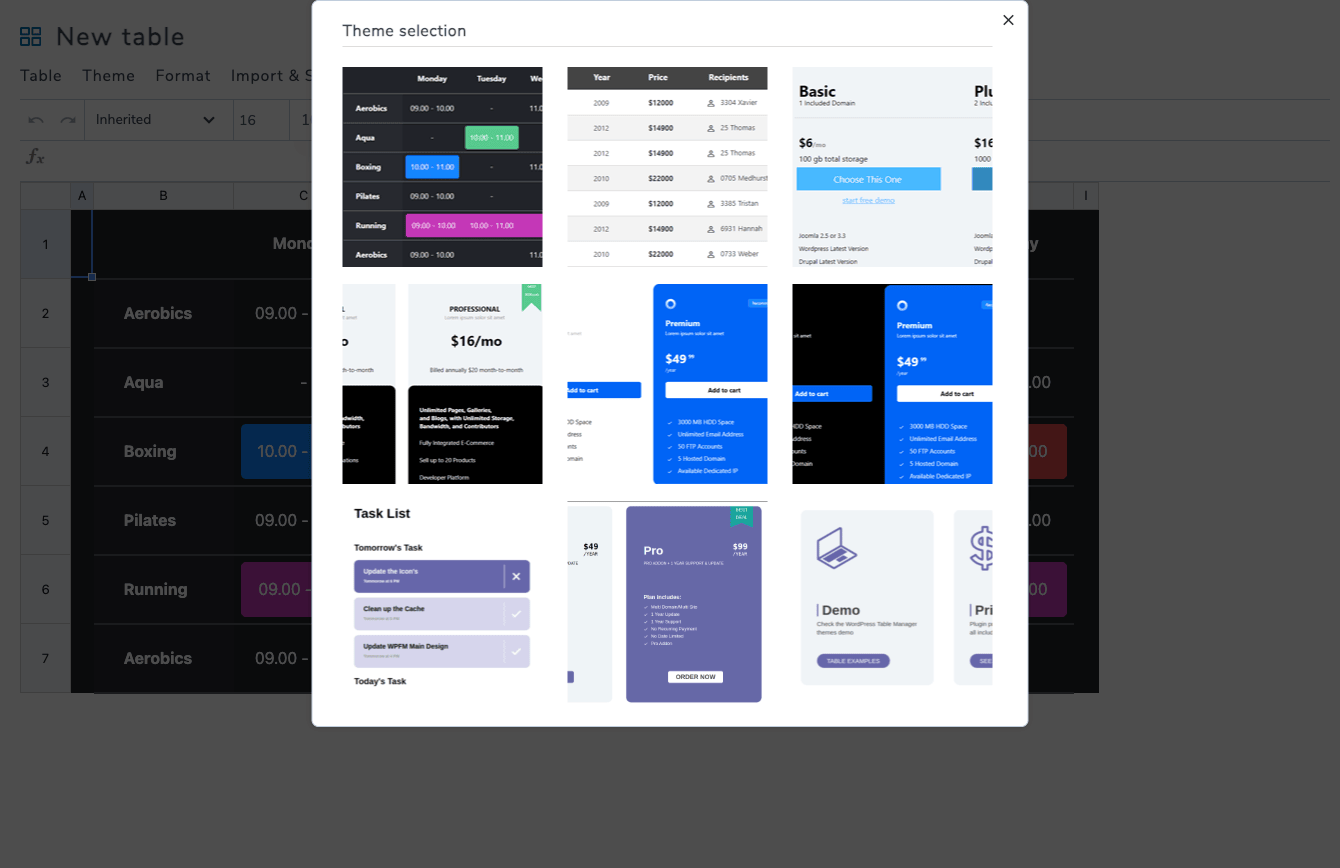 WP Table Manager theme presets WP Table Manager theme selection modal showing pre-built styles