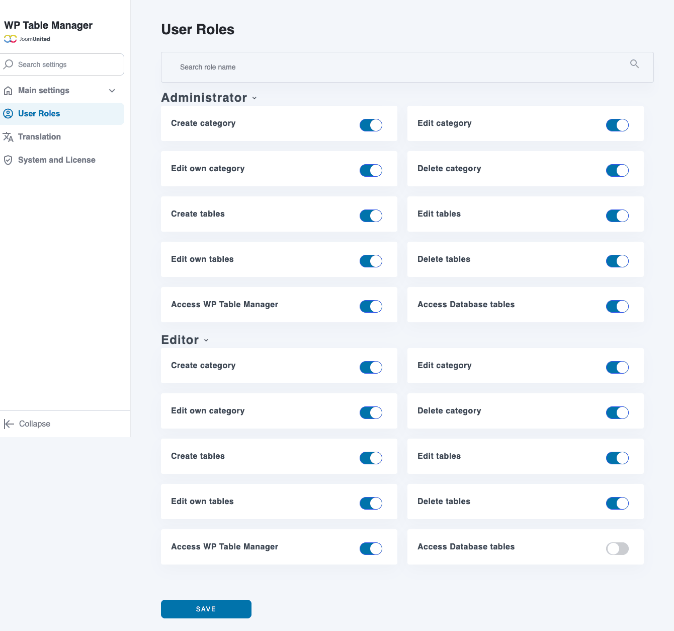 WP Table Manager user roles configuration WP Table Manager user roles permission panel
