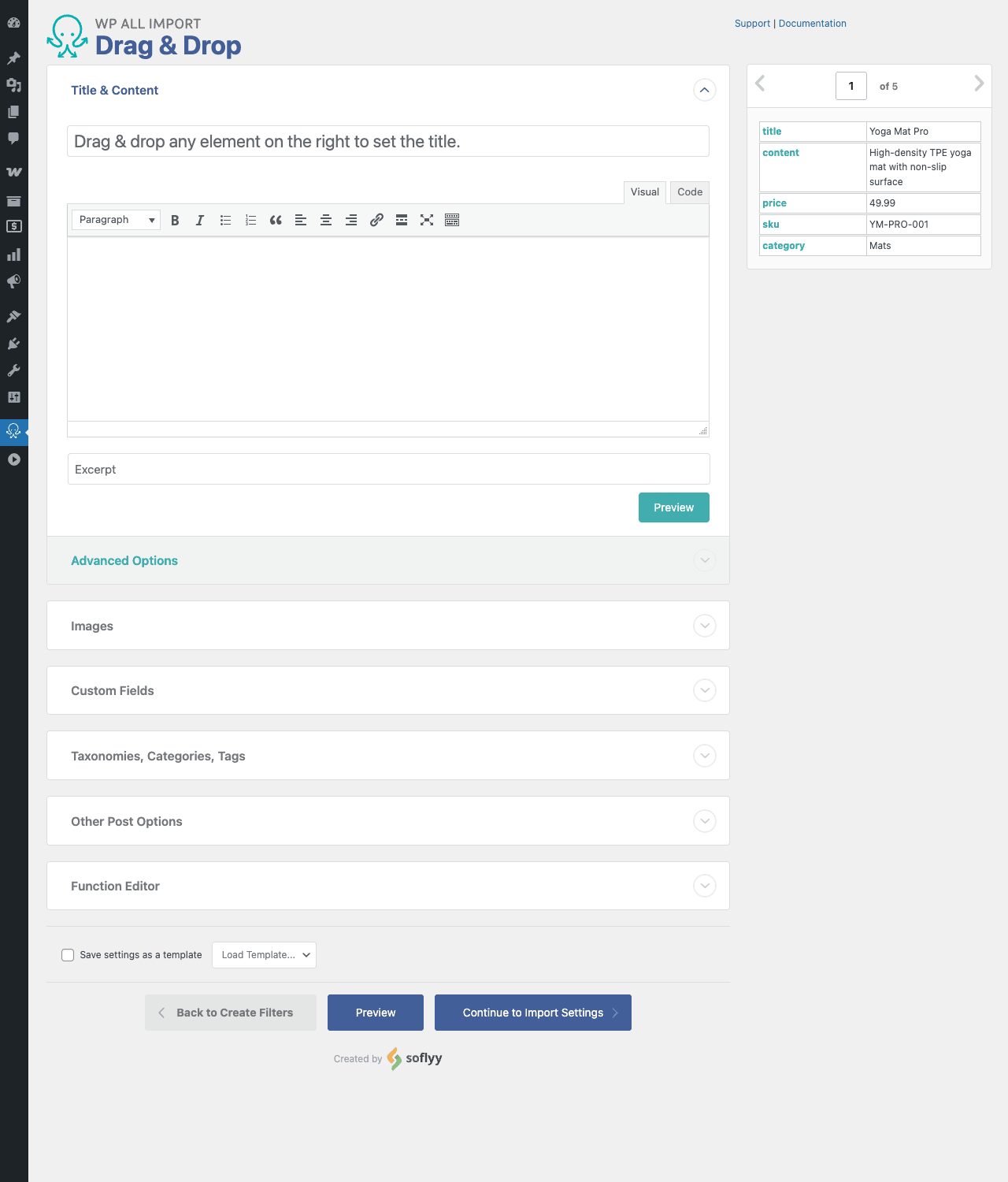 WP All Import drag and drop field mapping WP All Import Drag and Drop mapping screen with Title and Content fields on the left and a CSV data preview panel on the right showing 5 rows of yoga product data