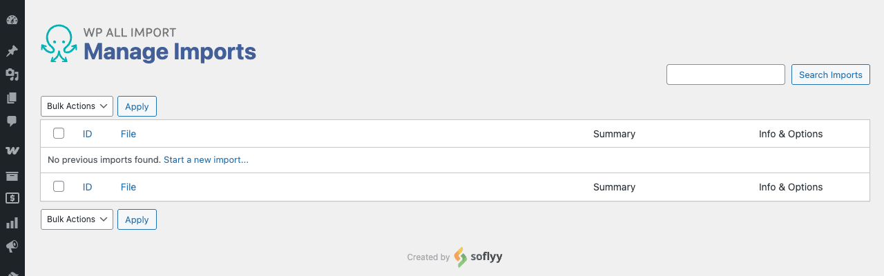WP All Import Manage Imports WP All Import Manage Imports list view showing the empty state with Bulk Actions, Apply, Search Imports, and a Start a new import link
