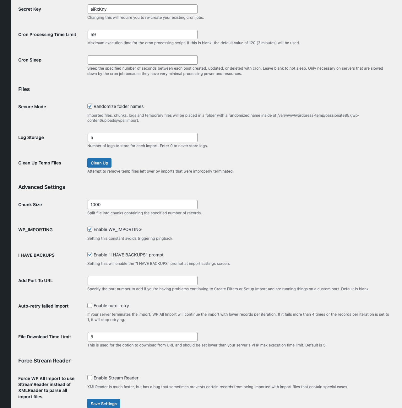 WP All Import global settings WP All Import settings page showing Cron Processing Time Limit, Cron Step, Files options, log storage, chunk size, and advanced settings including WP_IMPORTING, HAVE BACKUPS, and Force Stream Reader