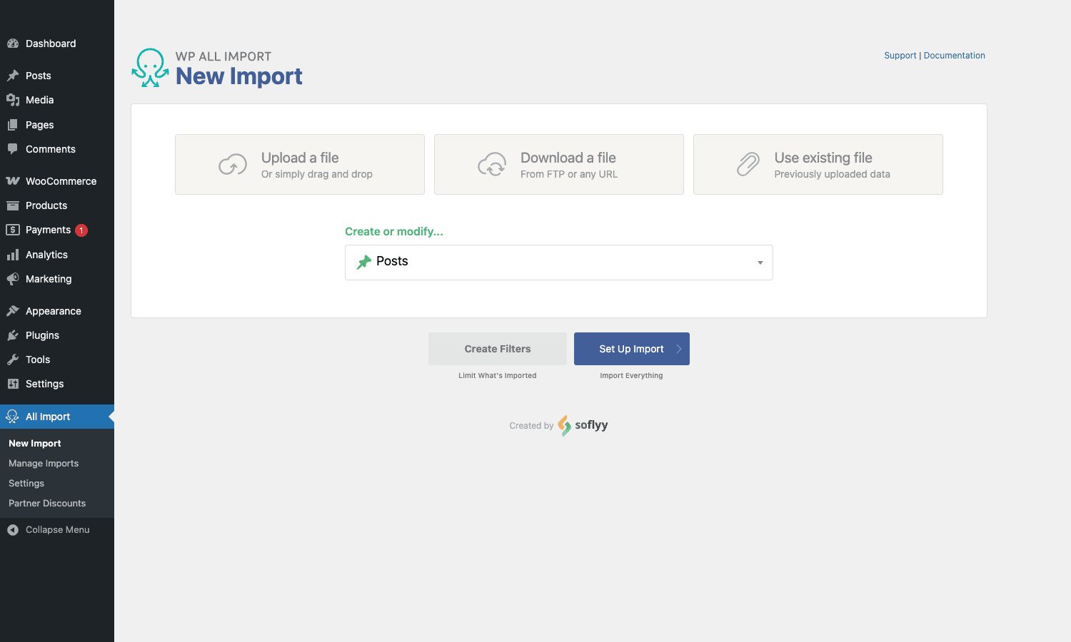WP All Import after a CSV upload, showing Posts as the chosen post type and Set Up Import / Create Filters action buttons WP All Import Pro New Import page with uploaded file confirmation and Posts post-type selector