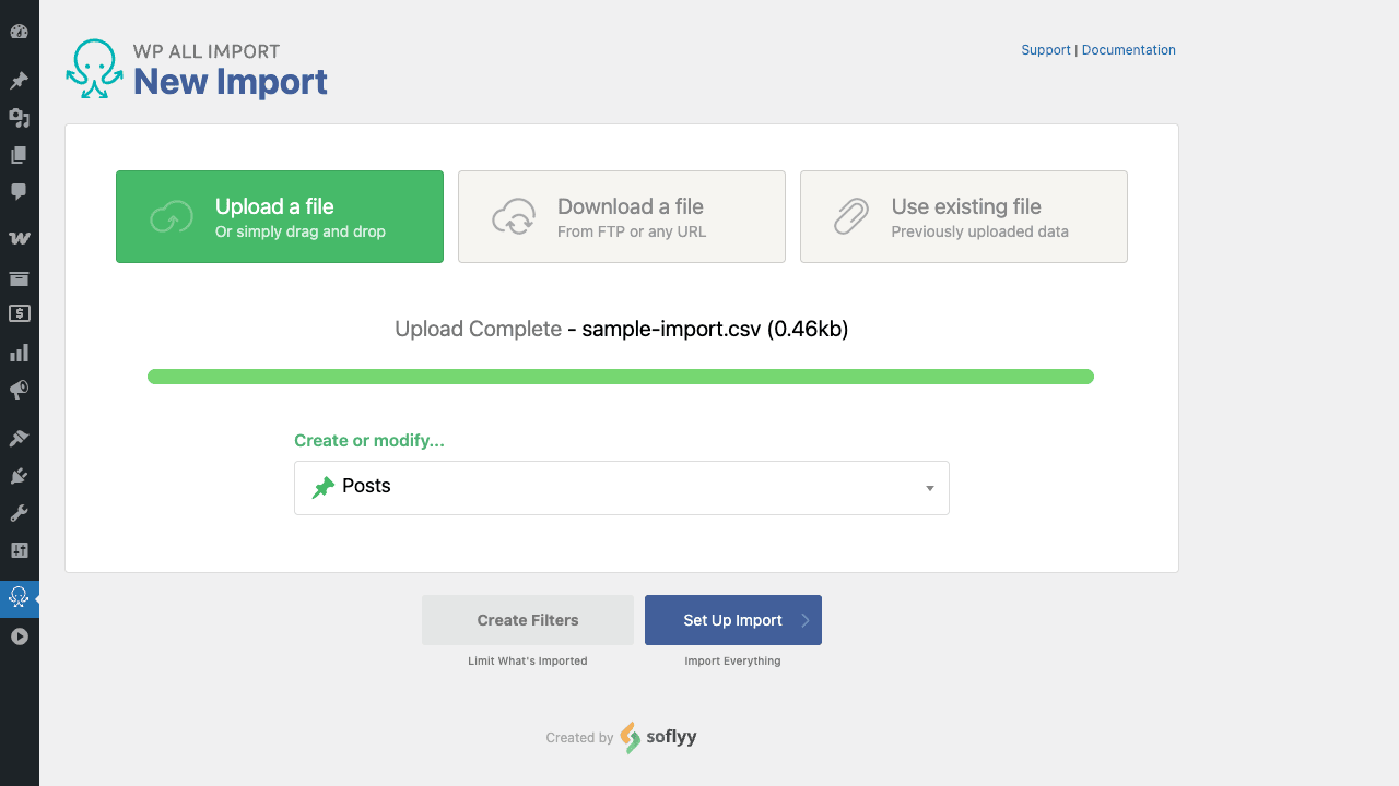 WP All Import after file upload, choosing what to create WP All Import after CSV upload showing Upload Complete progress bar, sample-import.csv filename, and a Posts dropdown for choosing what to create