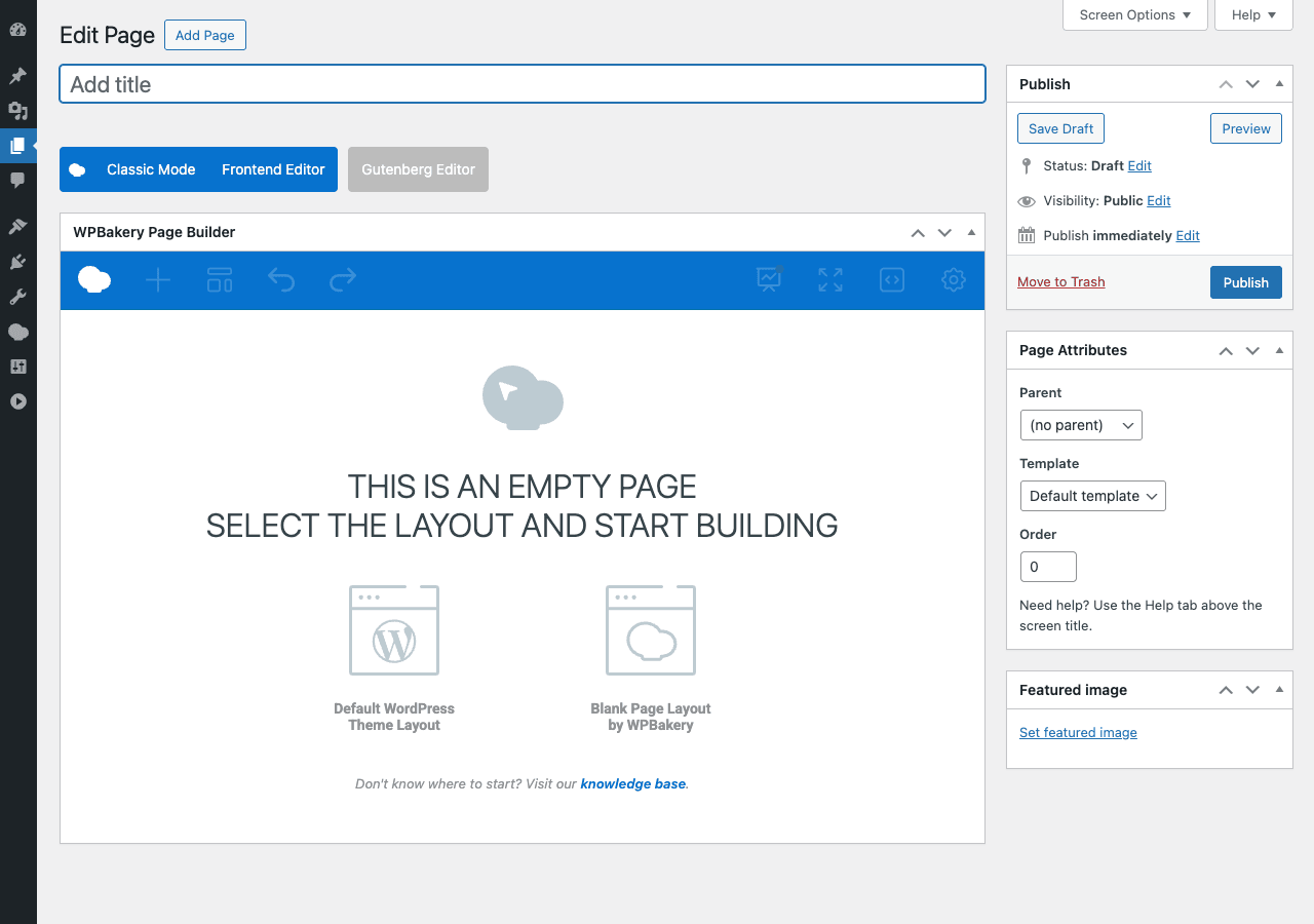 WPBakery Page Builder Backend Editor empty page state WPBakery Page Builder backend editor showing the editor toolbar with cloud icon, plus icon to add elements, layout, undo and redo, presentation, fullscreen, code, settings icons, plus a blue toolbar below saying "This is an empty page, Select the layout and start building" with two layout choices (Default WordPress Theme Layout and Blank Page Layout by WPBakery)
