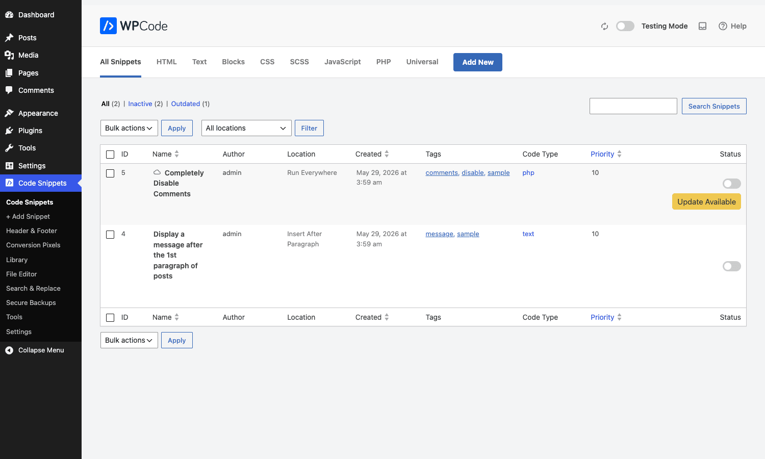 WPCode All Snippets table with code type and location columns WPCode All Snippets list with two snippets showing code type, location, priority, and active toggle columns