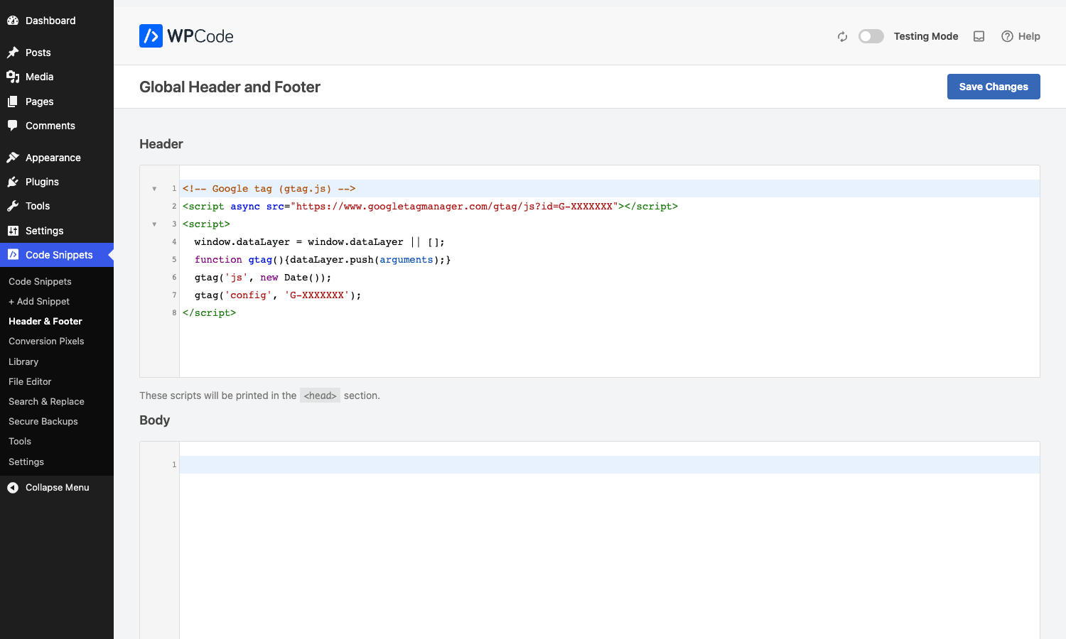 WPCode Header and Footer page with a GA4 tag in the header box WPCode Global Header and Footer page with a Google Analytics gtag.js script in the Header CodeMirror box and the Body box below