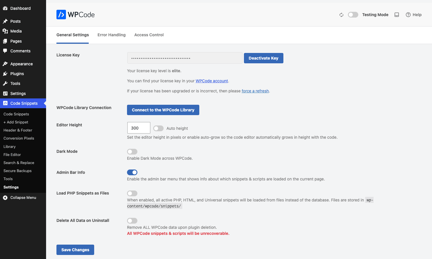 WPCode Settings with Load PHP Snippets as Files and uninstall options WPCode Settings page showing the license set to elite, the Load PHP Snippets as Files toggle, dark mode, and the uninstall behavior option