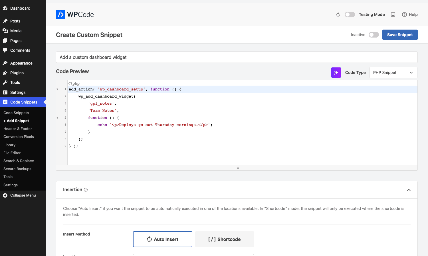 WPCode snippet editor with a PHP dashboard-widget snippet and the Insertion toggle WPCode Create Custom Snippet editor showing a PHP snippet that adds a dashboard widget, with the Code Type dropdown set to PHP Snippet and the Insertion panel below