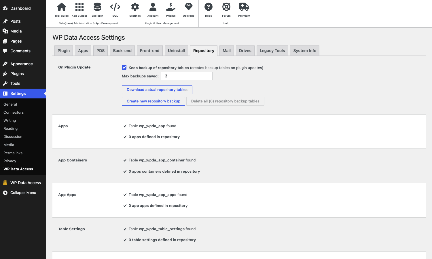 Settings Repository tab with backup options WP Data Access Repository tab showing backup options and the list of internal plugin tables