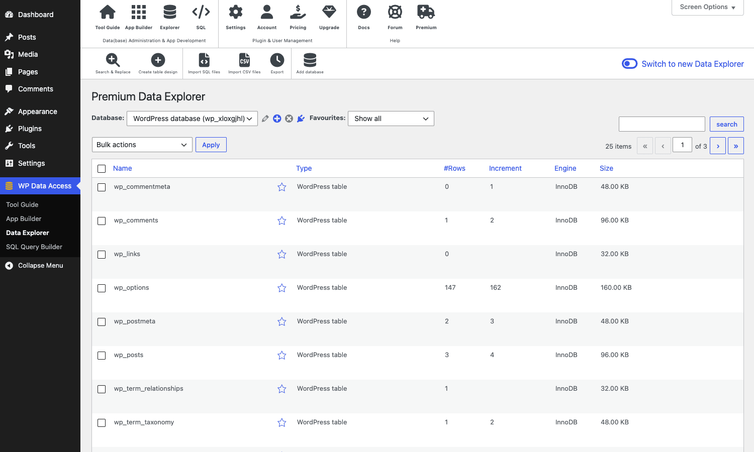 Premium Data Explorer Premium Data Explorer with the WordPress tables listed and row counts visible