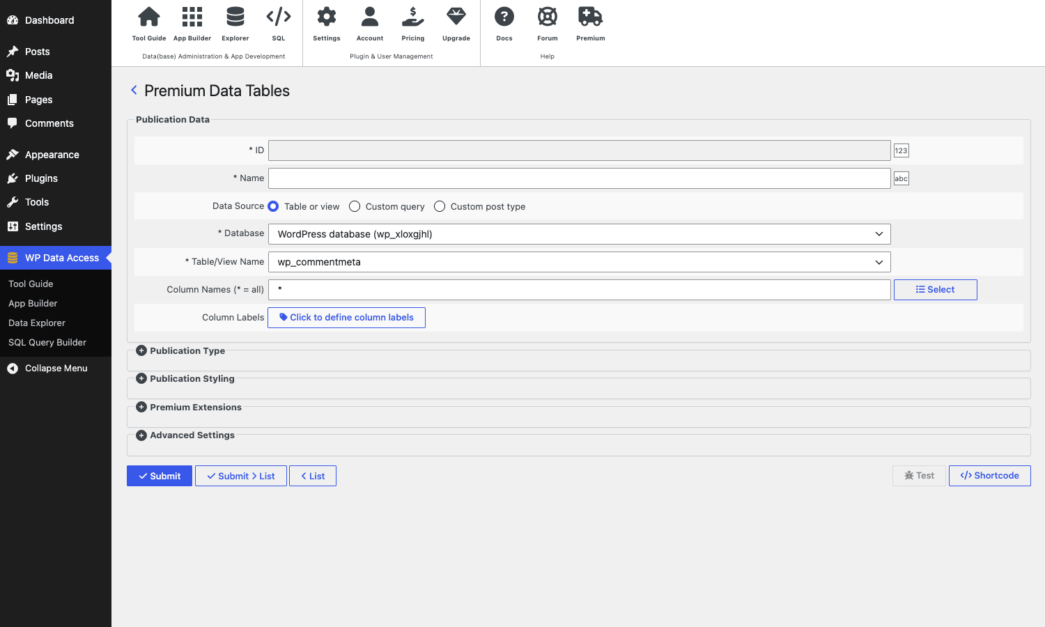 Data Publisher publication form Data Publisher form with Data Source, Database, Table/View, and Publication options visible
