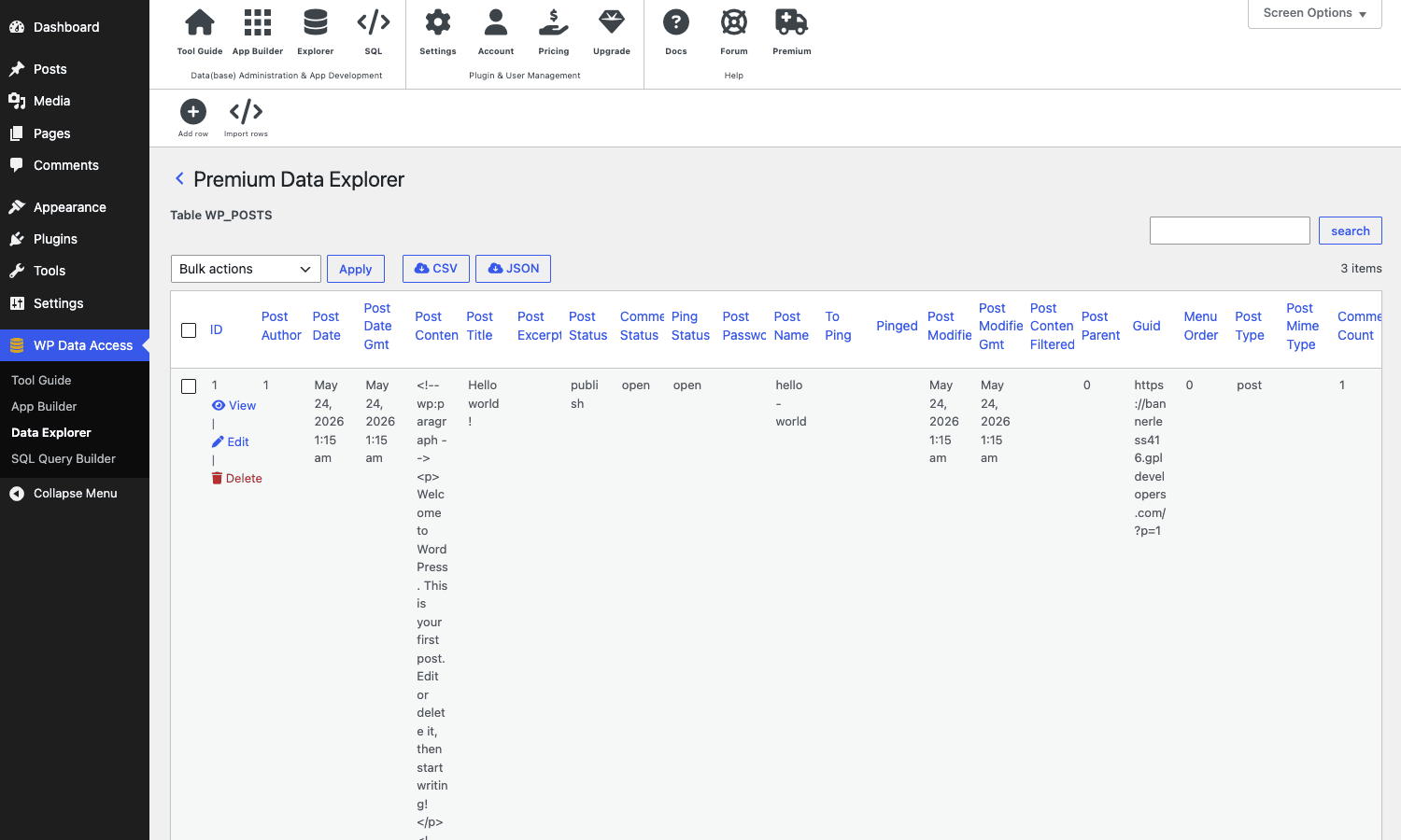 wp_posts table opened in WP Data Access wp_posts table opened in the WP Data Access Premium browser with View, Edit, and Delete actions per row