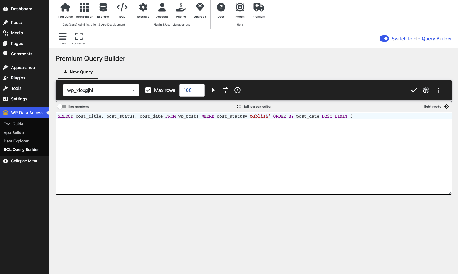SQL Query Builder SQL Query Builder running a SELECT against wp_posts with syntax-highlighted SQL