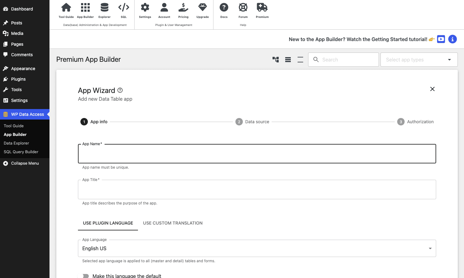 App Wizard creating a new Data Table app App Wizard for a new Data Table app showing the three-step flow App info, Data source, Authorization