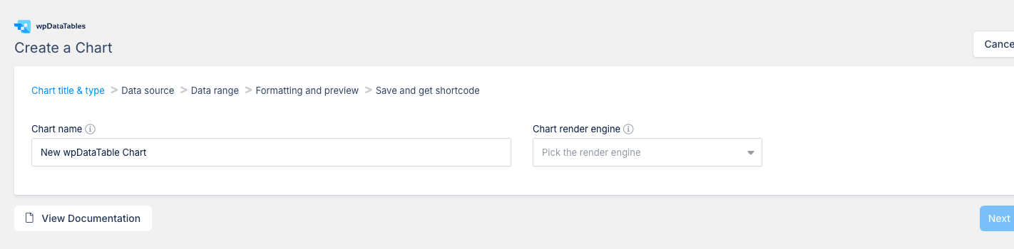 wpDataTables Create a Chart wizard with breadcrumb steps Chart title and type, Data source, Data range, Formatting and preview, Save and get shortcode. Chart name field and Chart render engine selector