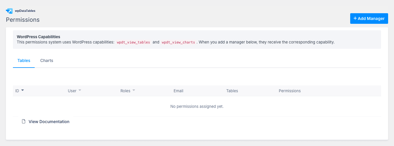 wpDataTables Permissions page showing WordPress Capabilities note about wpdt_view_tables and wpdt_view_charts, Tables/Charts tabs, and Add Manager button to assign user-specific table permissions