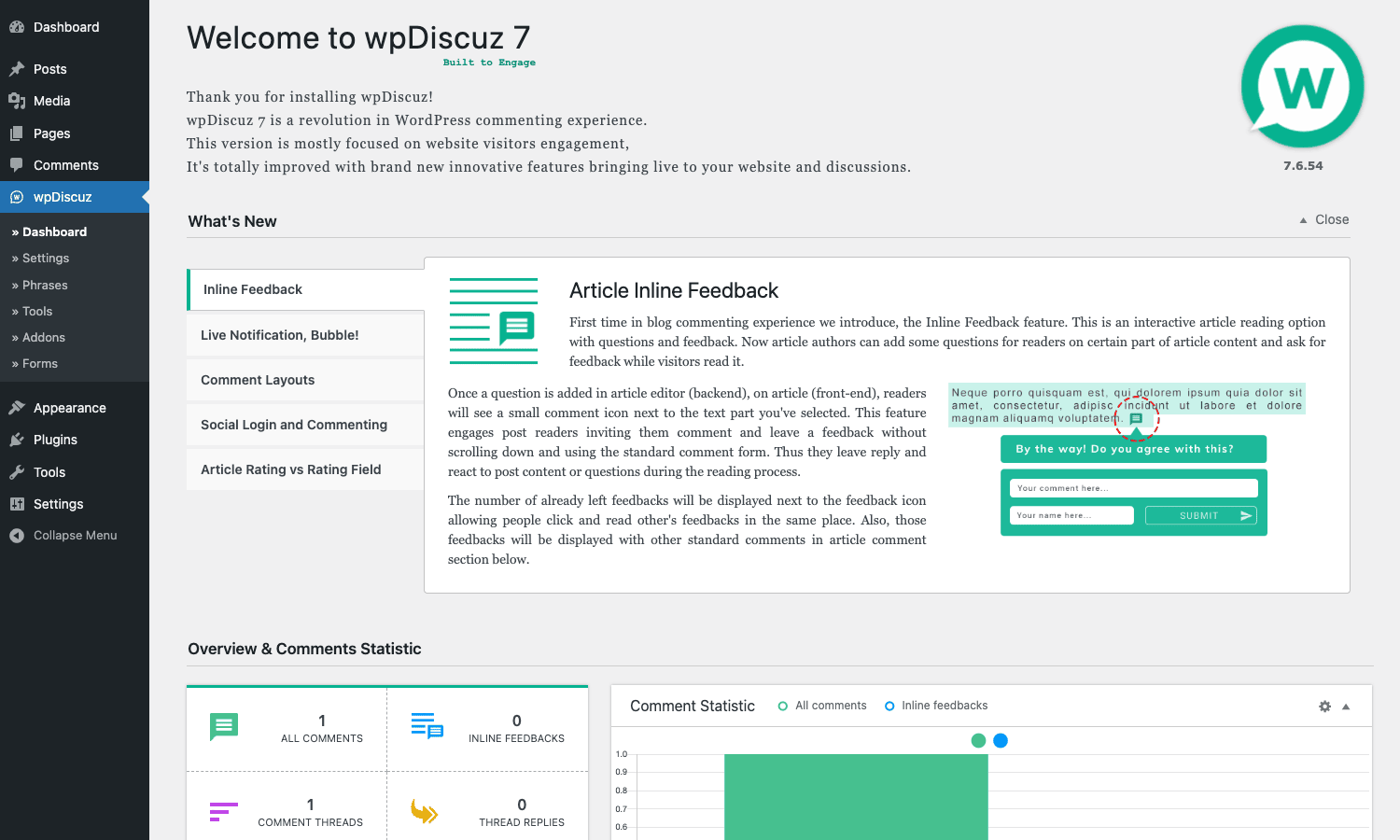 wpDiscuz dashboard wpDiscuz dashboard with comment stats and active commenters