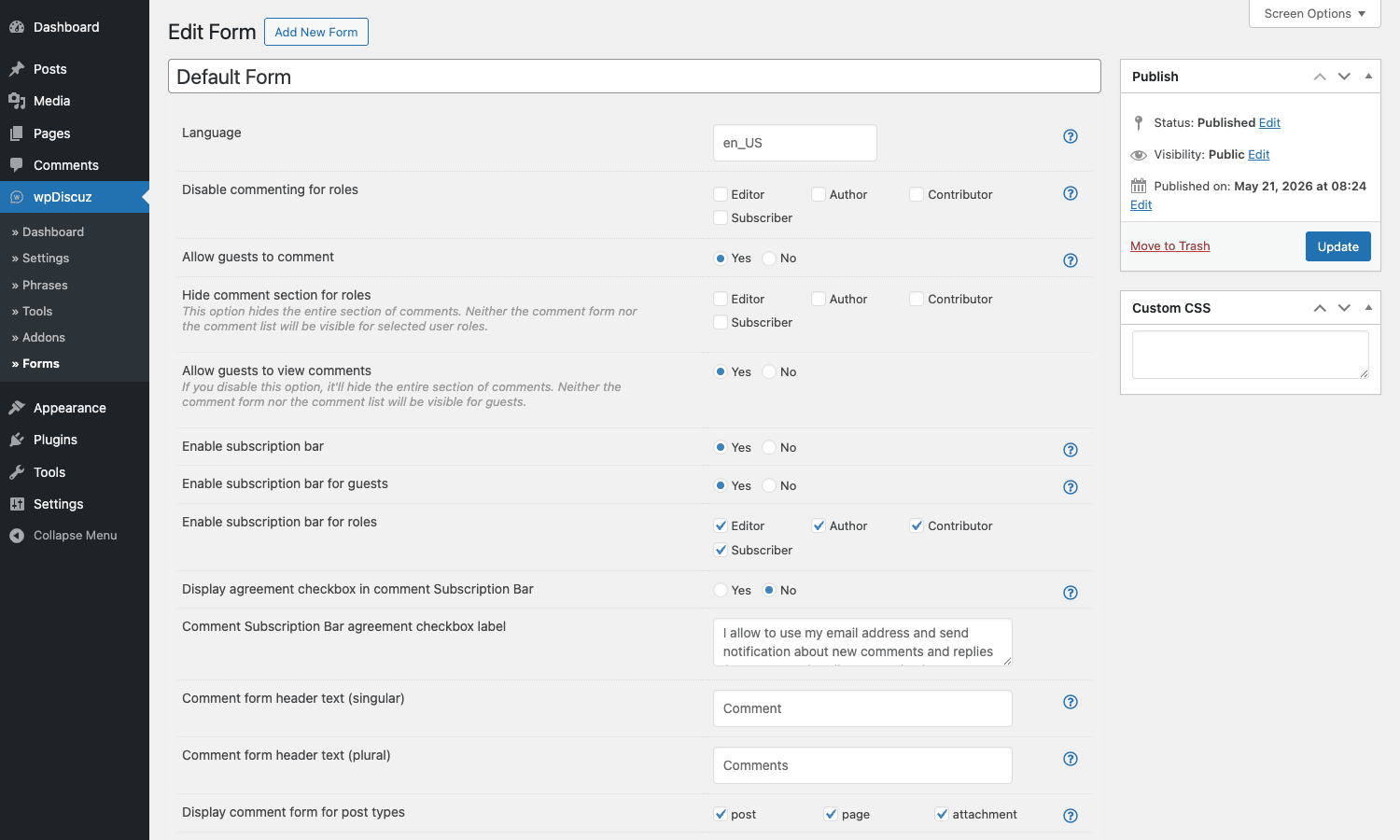 wpDiscuz form editor wpDiscuz form editor with role permissions and field layout builder