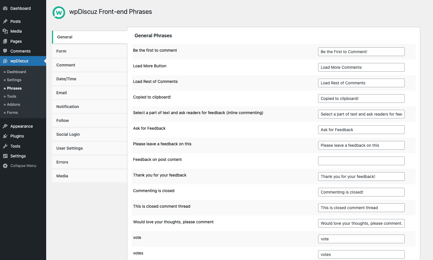 wpDiscuz front-end phrases editor wpDiscuz phrases page with general localization strings