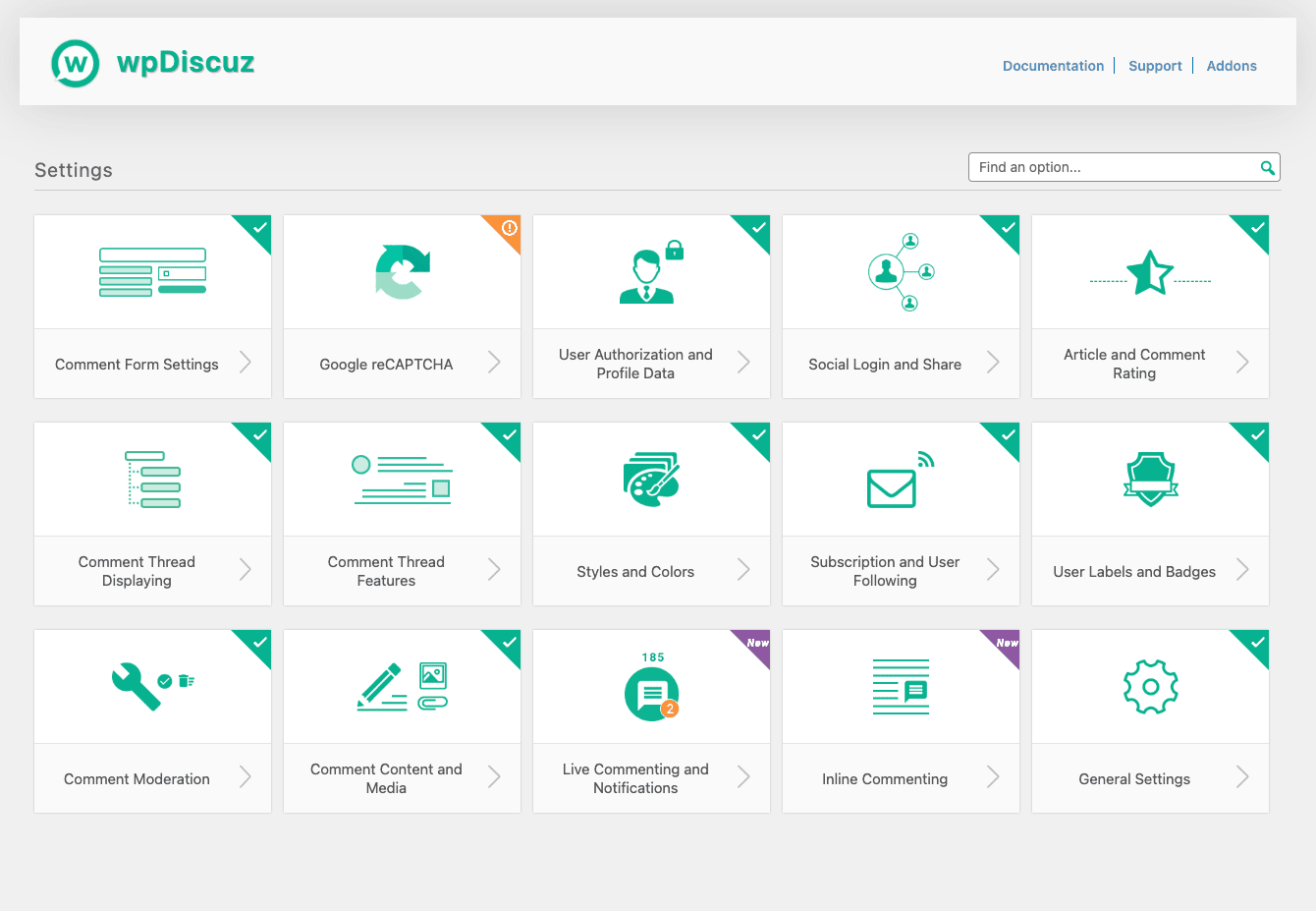 wpDiscuz settings dashboard wpDiscuz settings page with 15 feature cards