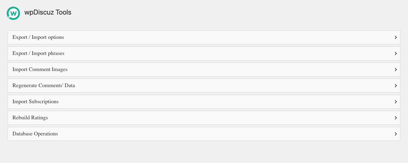 wpDiscuz tools page wpDiscuz tools page with import, export, and database operations