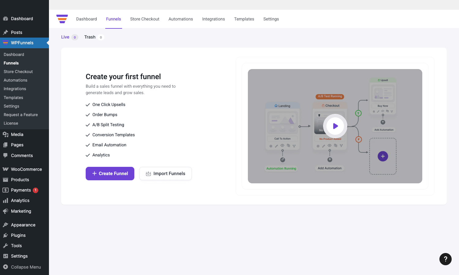 WPFunnels Funnels admin page with sortable columns and create-funnel actions WPFunnels Funnels list with empty state and Add New Funnel CTA