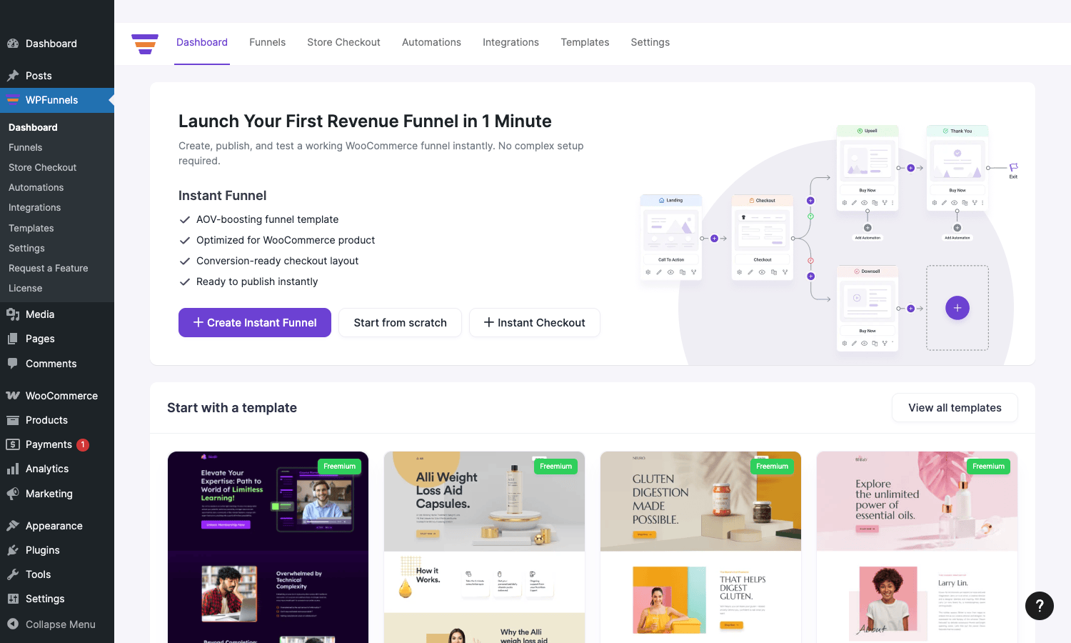 WPFunnels Pro dashboard landing screen with instant funnel banner, template gallery, and the Funnels, Store Checkout, Automations, Integrations, Templates, Settings top-nav WPFunnels Pro dashboard with template gallery and Create Instant Funnel CTA