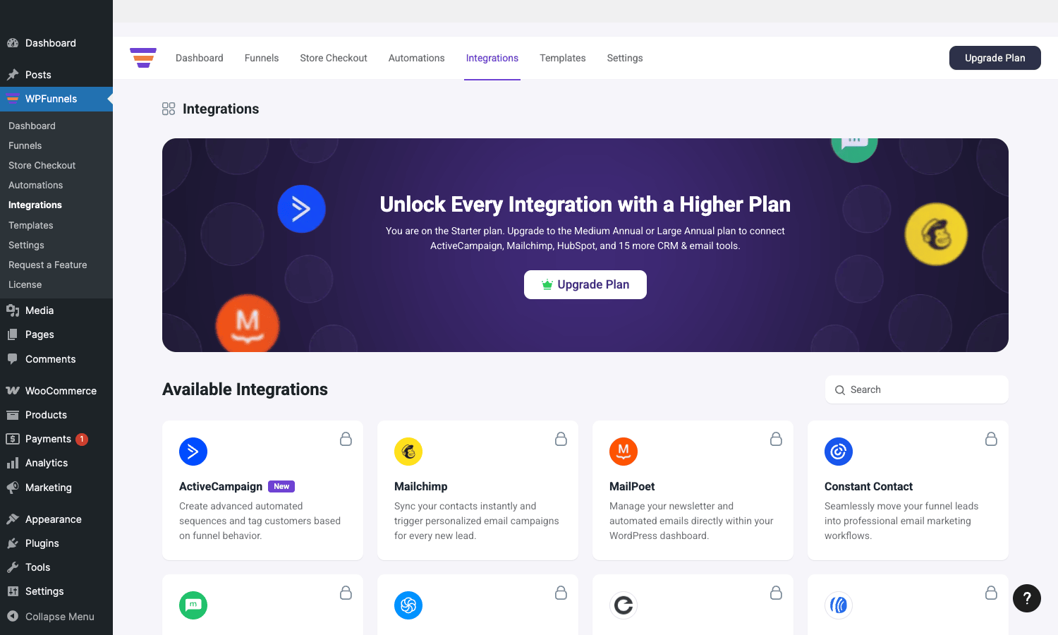 WPFunnels Pro Integrations admin page showing CRM and email marketing options WPFunnels Integrations page with available CRM and marketing integrations